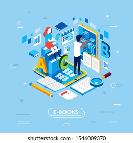 modern isometric vector illustration of e book library or digital library on smartphone. two people, man women reading and searching e book, use for landing page or info graphic. 