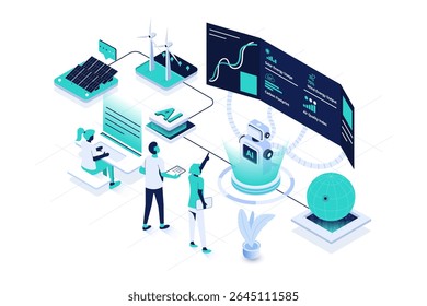 Ilustração vetorial isométrica moderna com um assistente de IA gerenciando um centro de controle de sustentabilidade. Ideal para tópicos relacionados a tecnologia ecológica, energia verde, monitoramento ambiental
