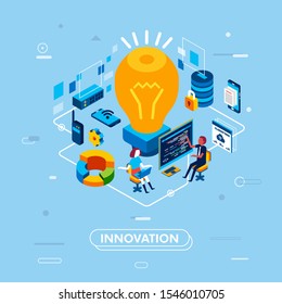 modern isometric vector illustration of innovation technology, big light bulb with man and women working in wide screen and many data element around. landing page, website or info graphic image.