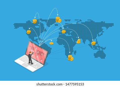 Modern isometric vector illustration of a man standing on a laptop and doing online money transaction. Online business and money transaction concept art illustration. Blue background.