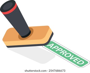 A modern isometric vector illustration of a rubber stamp leaving an "APPROVED" mark on a green label.