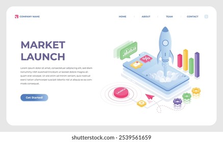 Modern Isometric Vector Landing Page Template For Market Launch