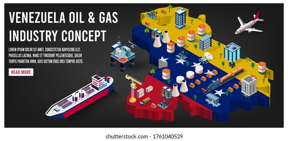 Modern isometric of Venezuela oil and gas industry concept with Offshore crude extraction, transportation, 
refinery plant, fuel tanker ship rail tanks. Easy to edit and customize. Vector illustration
