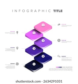 Modern isometric vertical step infographic template illustrating process with 6 gradient colored steps. Versatile vertical step infographic design ideal for visualizing progression, stages, or options