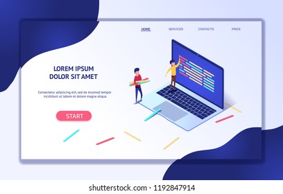 Modern isometric web banner development process. Software API prototyping testing concept software development and programming, program code on laptop. programmer code language. Landing page template.
