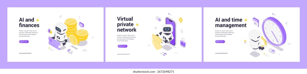 Modern isometric web banner set with AI robot, financial automation, virtual private network security, smart time management, innovation, digital interface, data protection, futuristic design