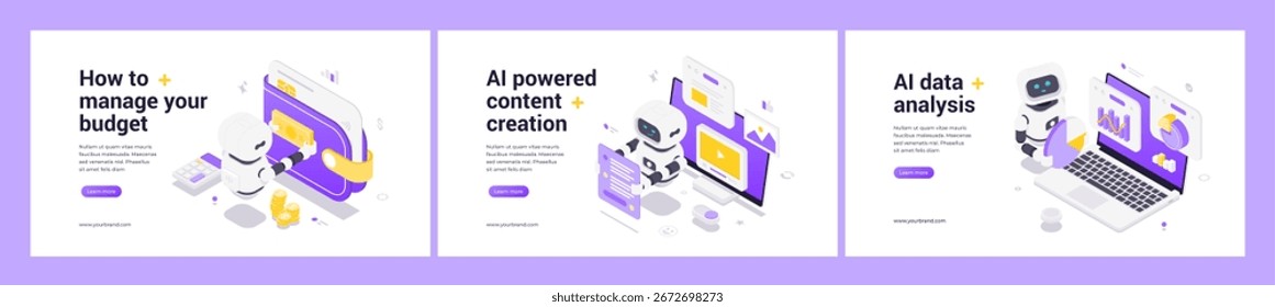 Conjunto de Anuncio de Web isométrico moderno con robot de IA, planificación de presupuesto personal, creación de contenido automatizada, análisis de datos avanzados, innovación, tecnología financiera, Elementos de diseño futuristas