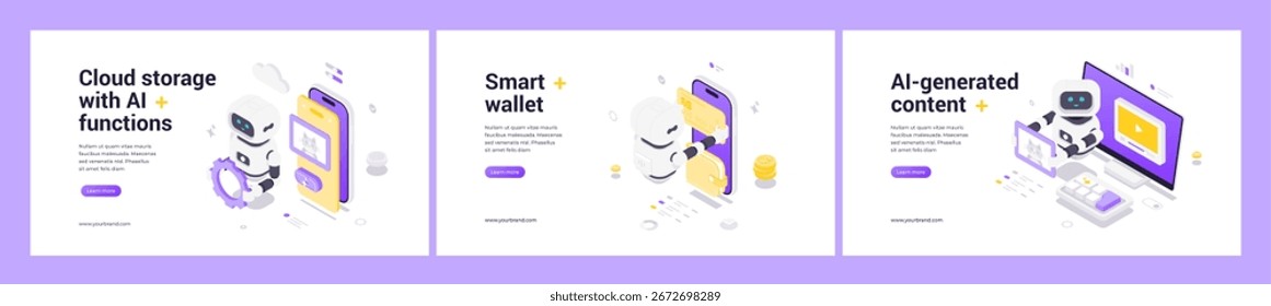 Modern isometric web banner set with AI robot, cloud storage technology, smart wallet payment, automated content generation, digital innovation, futuristic interface, finance, creative design