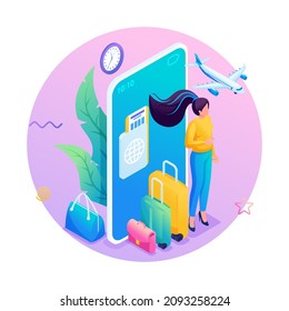 Modern isometry. 3D illustration of a young woman with travel suitcases and plane tickets. Search for air tickets and book hotels.