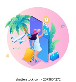 La isometría moderna. En la pantalla del smartphone aparece una ilustración en 3D de una joven mujer con una maleta de viaje. El concepto de aplicaciones de viajes. Buscar billetes de avión.
