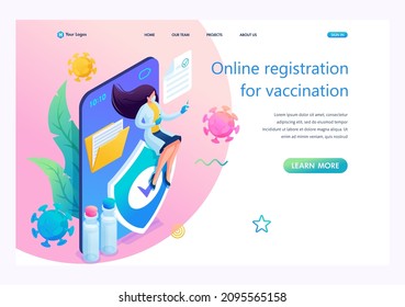 Modern isometry. 3D illustration of a young nurse with a vaccine. Security sign on the phone screen. Online registration for vaccination. Landing Page Concept.