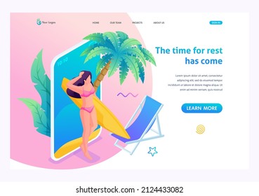 Modern isometry. 3D illustration of a young woman on vacation, broadcasts the rest in social networks. Search for air tickets and book hotels. Landing Page Concept.