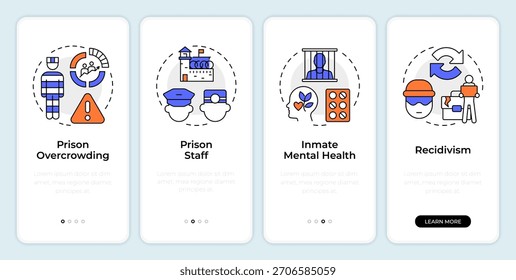 Problemas modernos en la gestión correccional incorporando la pantalla del App móvil. Instrucciones gráficas editables de 4 pasos con conceptos lineales. UI, UX, GUI
