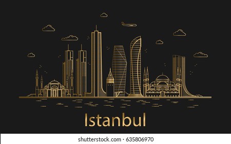 Modern Istanbul city line art, golden architecture vector illustration, skyline city, all famous buildings.