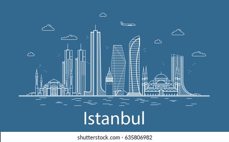 Modern Istanbul city line art Vector illustration with all famous buildings. Skyline.