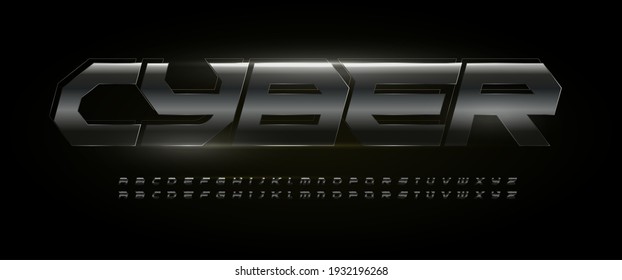 Modern italic bold font with metallic texture, carbon or chrome metal, polished matte steel. Alphabet for race, sport, auto, futuristic design. Vector typography.