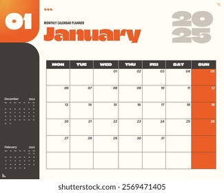 Modern January 2025 calendar planner template.  Ideal for scheduling and organization.