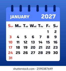 Modern January 2027 calendar template with a clean design, blue tones, and organized layout. Perfect for planning, scheduling, and reminders.