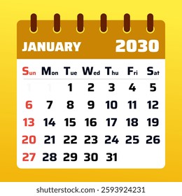 Modern January 2030 calendar with a clean and stylish design. Perfect for planning the new year, scheduling events, and staying organized.