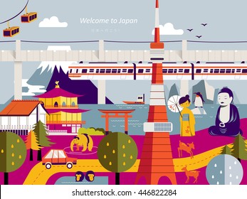 modern Japan travel poster design with landmarks - Let's go to Japan in Japanese