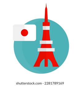 Modern Japanese flag and Tokyo Tower icon. Vector.