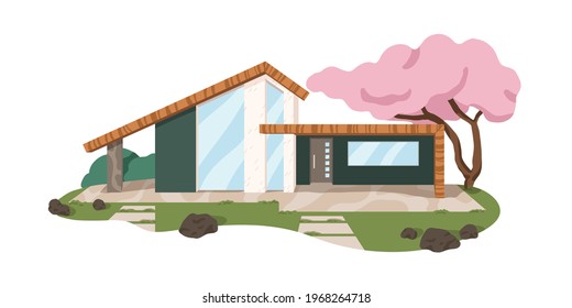 Modern Japanese house architecture. Villa building with blooming sakura tree in yard. Minimalistic home exterior design. Colored flat graphic vector illustration isolated on white background