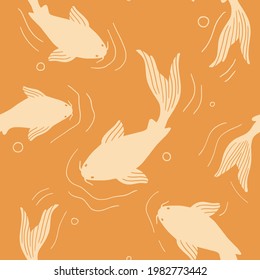 Patrón de pescado koi japonés moderno. Carpa de pescado con la impresión a mano para un fondo sin fisuras.Simple ornamento retro asiático para papel, tela, textil, ropa. Vector de mosaico cuadrado oriental repetible. 