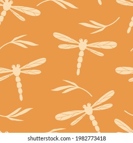 Modern japanese nature seamless pattern. Dragonfly hand drawn print for seamless background. Trendy retro asian ornament for paper, fabric, textile, clothes. Square oriental repeatable tile vector. 