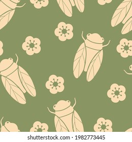 Modern japanese nature seamless pattern. Сicada and sakura hand drawn print for seamless background. Retro asian ornament for paper, fabric, textile, clothes. Square oriental repeatable tile vector. 