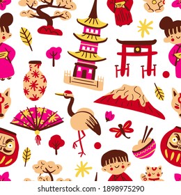 Modern japanese seamless pattern on white background. Print, pattern for Japan. Japanese traditional symbols: daruma, pagoda, geisha, fuji, bonsai, stork. Vector stock seamless texture. Asian backdrop