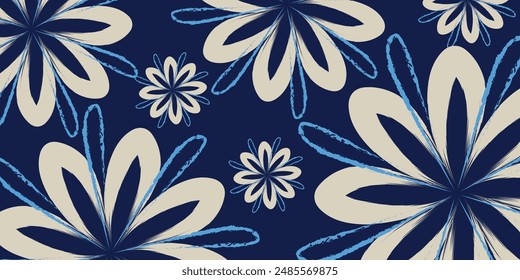 Modern Japanese seamless pattern of traditional clothes design. Decorative wallpaper. Blue and grey floral textile tropical bicolor flower and leaves