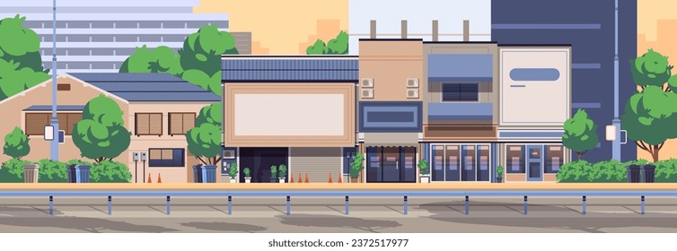 Modern Japanese street panoramic banner. Asian buildings with shops and stores. Vector flat illustration