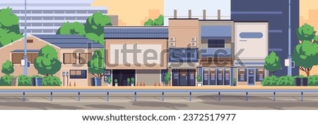 Modern Japanese street panoramic banner. Asian buildings with shops and stores. Vector flat illustration