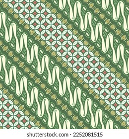Modern Javanese Batik, parang and kawung seamless pattern in green.