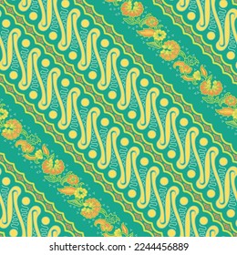 Modern Javanese Batik, parang and kembang seamless pattern in green.