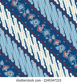 Modern Javanese Batik, a unique flower and parang seamless pattern in blue.