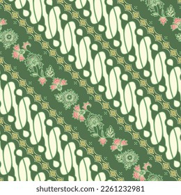 Modern Javanese seamless batik pattern, parang and kembang in green.