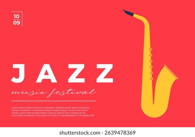 Modern jazz festival poster with saxophone motifs. Minimalist flat vector design featuring abstract shapes and classic typography. Perfect for concert flyers, banners, and music event promotions.