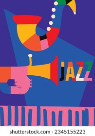 Modern jazz music poster with abstract and minimalistic musical instruments assembled from colorful geometric forms and shapes. Vibrant musical collage with trumpet, saxophone and piano