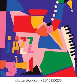 Modernes Jazzmusikplakat mit abstrakten und minimalistischen Musikinstrumenten aus bunten geometrischen Formen und Formen. Lebhafte musikalische Collage mit Trompete, Saxophon und Klavier