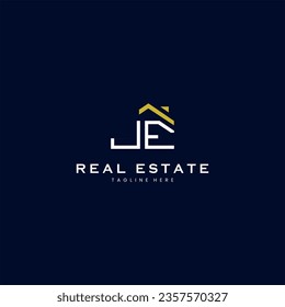 modern JE letter real estate logo in linear style with simple roof building in blue