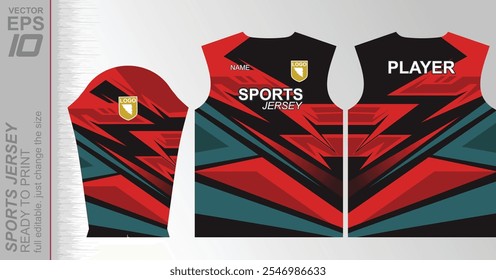Modern jersey design ready to print with vibrant colors and geometric patterns. Perfect for sportswear and activewear.