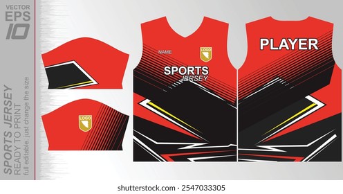 Modern jersey design ready to print with vibrant colors and geometric patterns. Perfect for sportswear and activewear.