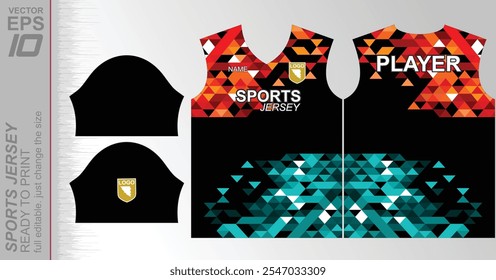 Modern jersey design ready to print with vibrant colors and geometric patterns. Perfect for sportswear and activewear.