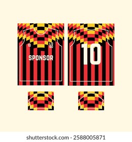 Modern jersey design template with striped pattern and yellow checkered accents	
