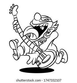 Modern Jester playing an Electric Guitars and scream best for rock band concert stickers or T shirt design Coloring Book Cartoon Vector