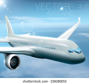 Modern jet airplane during the flight. Vector composition, easy to put text or any other element behind the plane or transparent clouds.