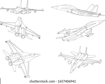 Modern jet fighter aircraft Line Vector illustration. Isometric Drawings.