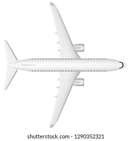 A modern jet passenger white plane on the runway. View from above. A well-designed image with a mass of small details. Copy space.