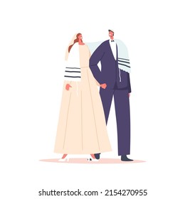 Modern Jewish Couple Wedding Ceremony, Groom in Suit and Bride in White Dress Newlywed Man and Woman Characters Holding Hands during Marriage Celebration. Cartoon People Vector Illustration